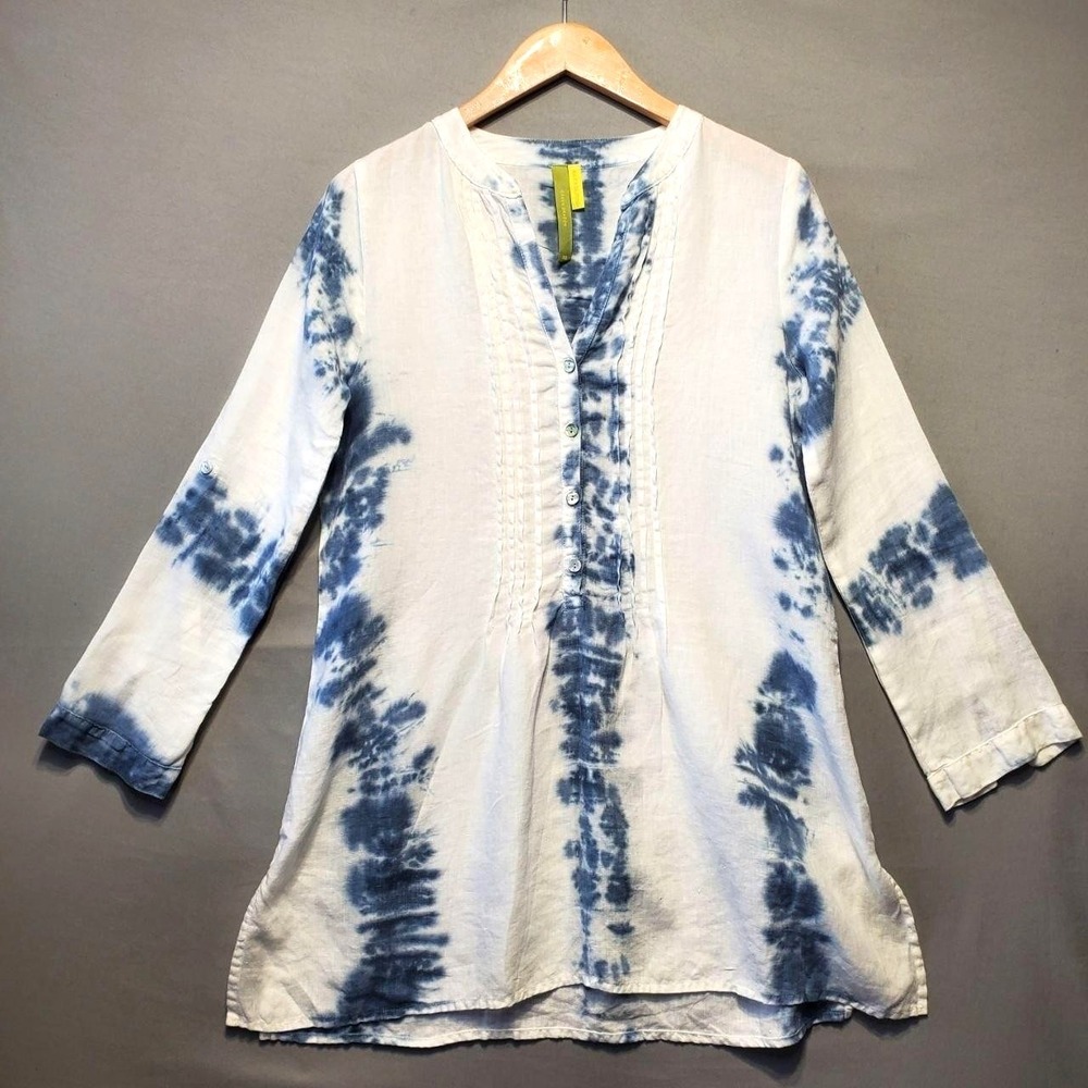 Green Dragon 100% Linen Tie Dye Tunic Top‎ Womens XS White Blue Boho Resort USA